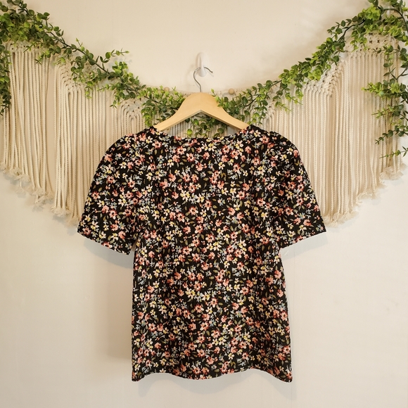 NEW LOFT Colorful Black Floral Print Short Puff Sleeve Crewneck Blouse sz XXS - Picture 6 of 8